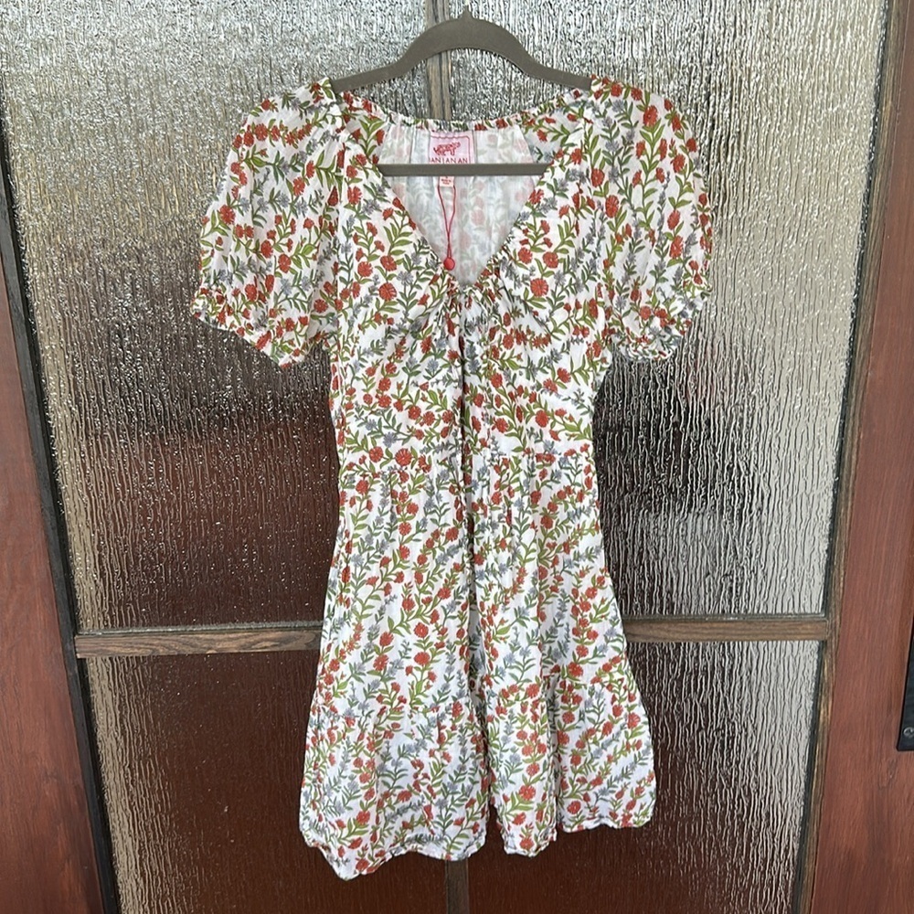 Banjanan White Mini Dress with Red & Green Floral Print